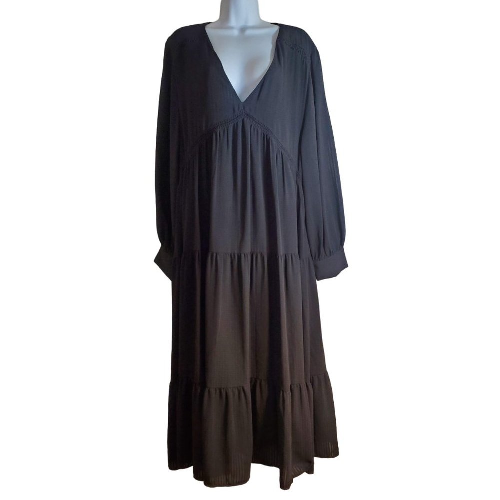 Zara Black V-Neck Tiered Long Sleeve Maxi Dress XL Beautiful